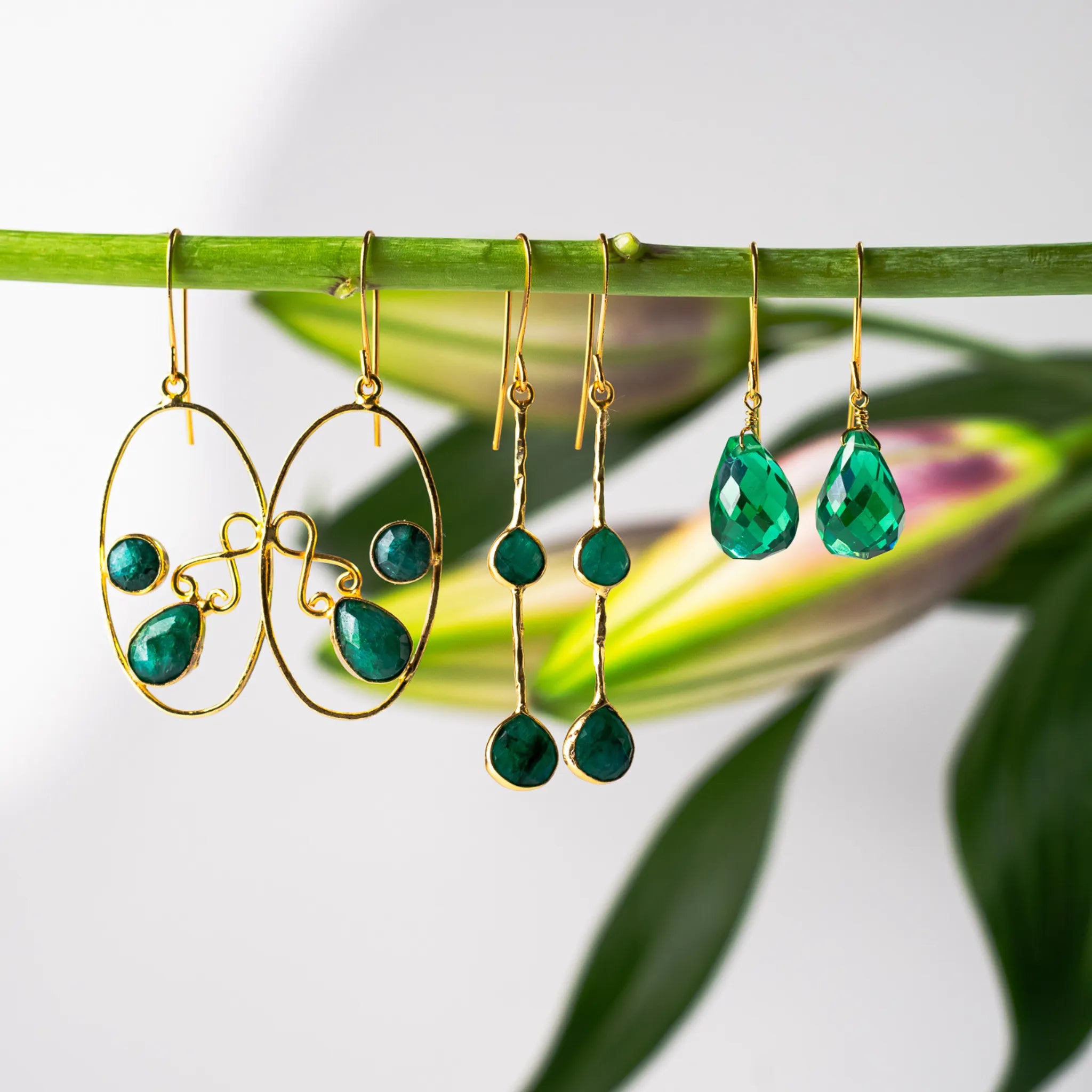 Emerald Green and Gold earrings for May birthstone.