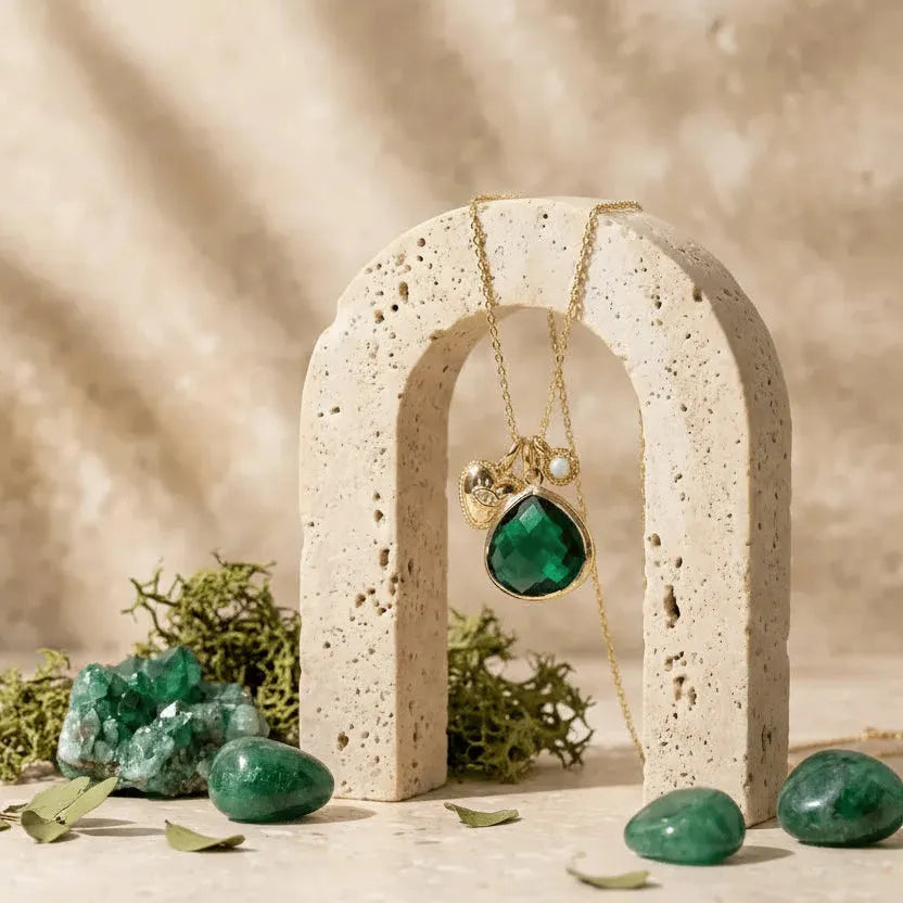 emerald gold charm necklace heart opal