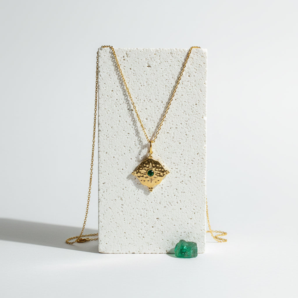 Gold hammered medallion necklace with green emerald CZ centre, May birthstone jewelry