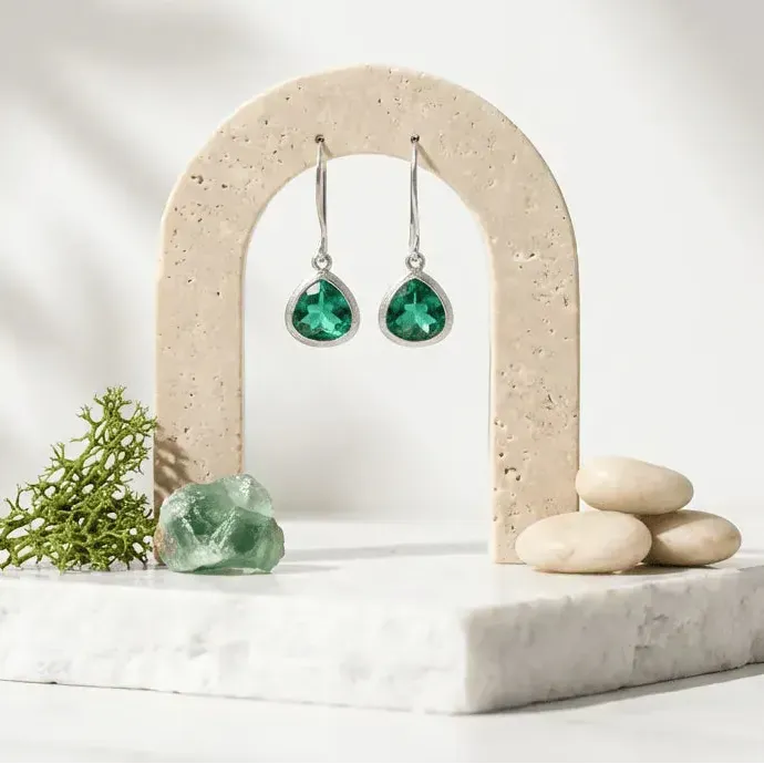 Emerald earrings on a stone arch with text about emerald energy and May's birthstone.