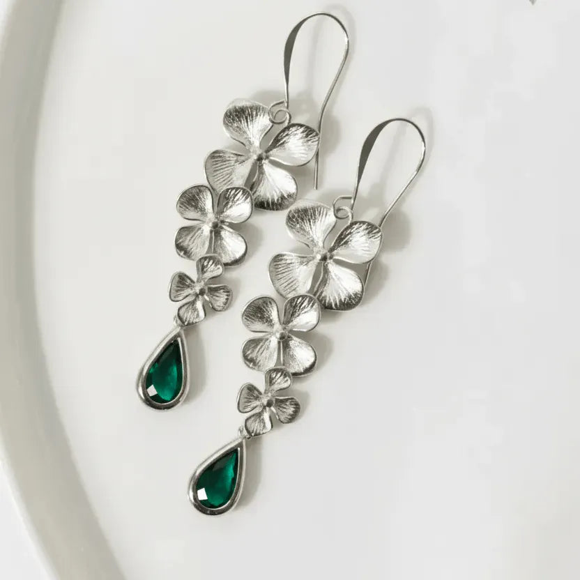 emerald green triple orchid earrings silver