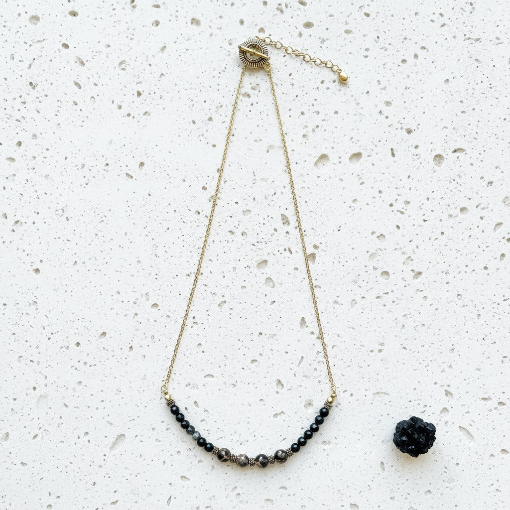 Etched agate dzi-style necklace onyx and brass — reticulated agate jewelry for grounding