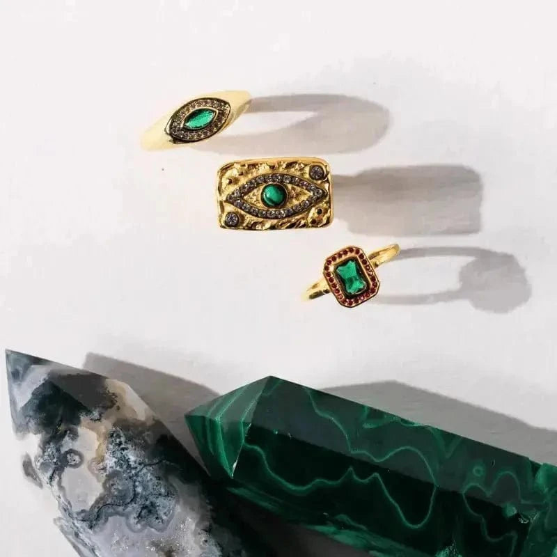 Hammered Gold Evil Eye Ring with Malachite – Waterproof & Tarnish - Free 