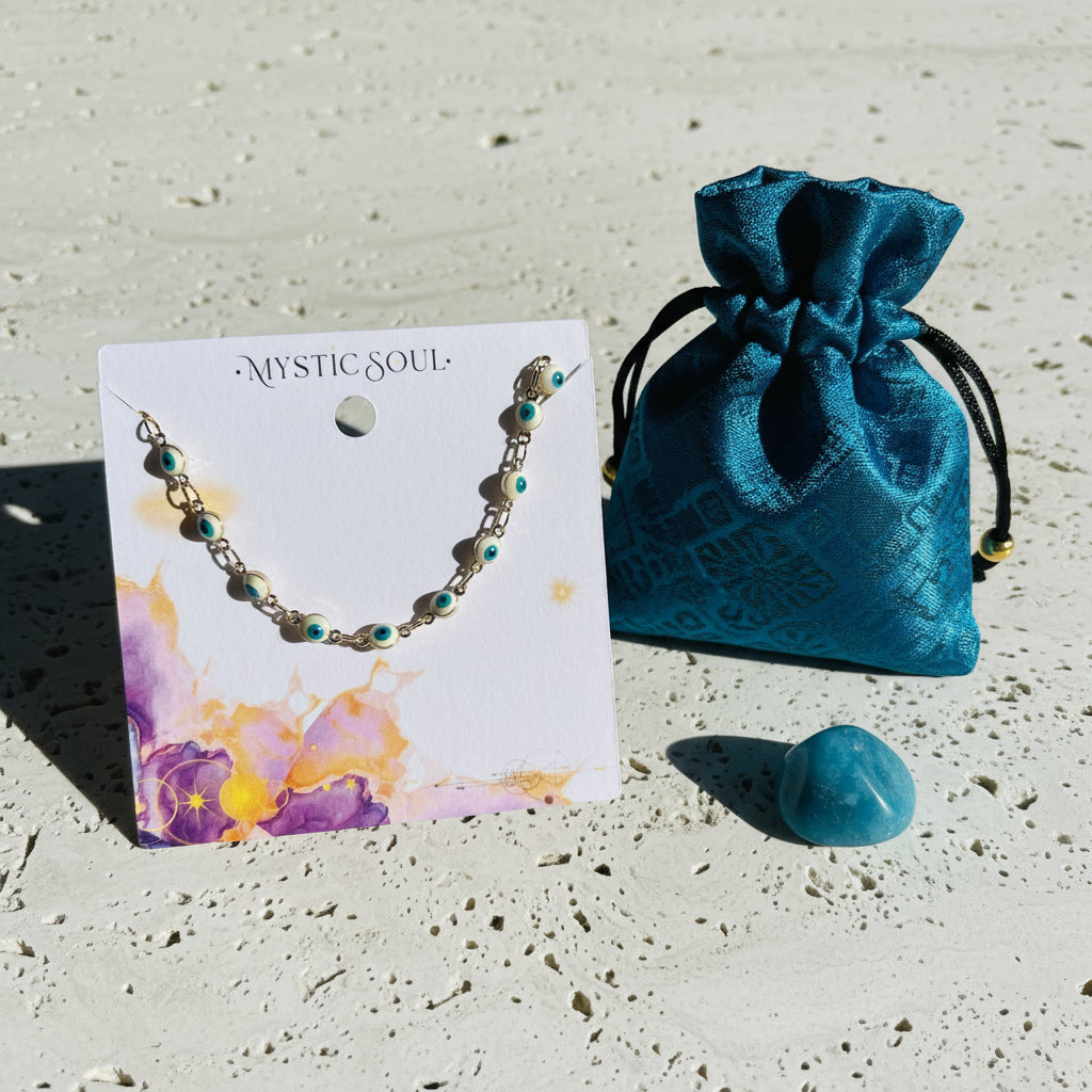 White and blue evil eye chain necklace in gold plating on a Mystic Soul Jewelry gift card