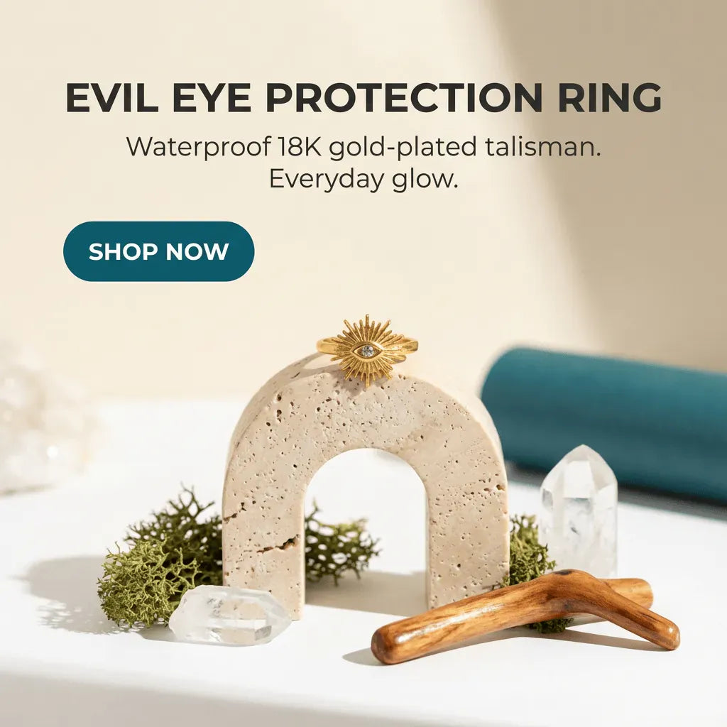 Evil eye protection ring with gold-plated talisman on a stone arch, surrounded by crystals and plants.