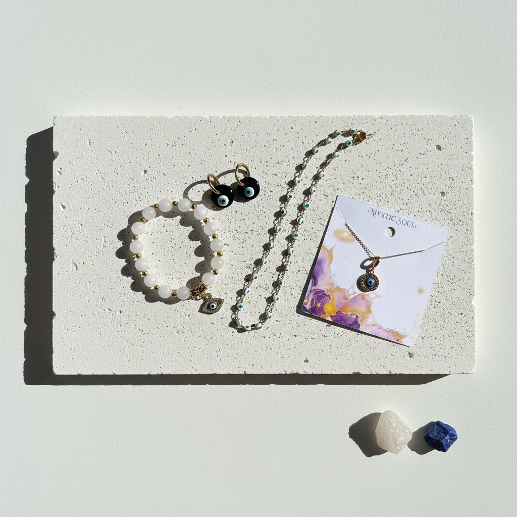White and blue evil eye gold chain necklaces grouped together