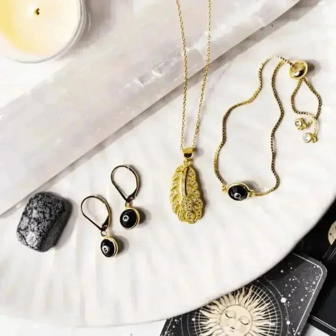 evil eye earrings bracelet leaf necklace