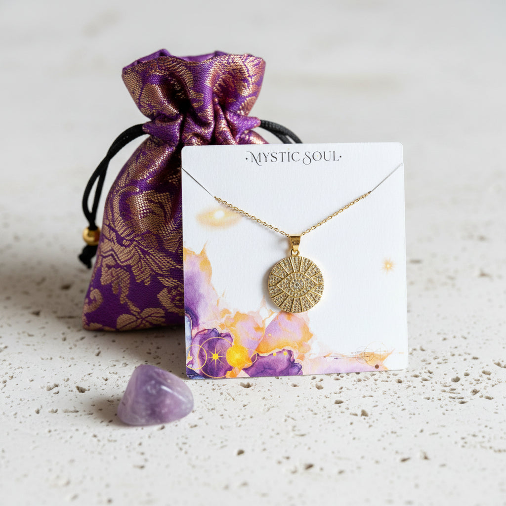Gold round pave medallion necklace with a ray-burst border, shown with amethyst