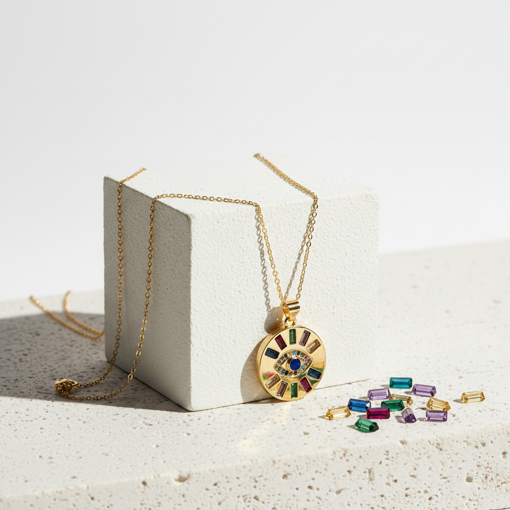 Rainbow crystal evil eye pendant necklace in gold — protection talisman jewelry