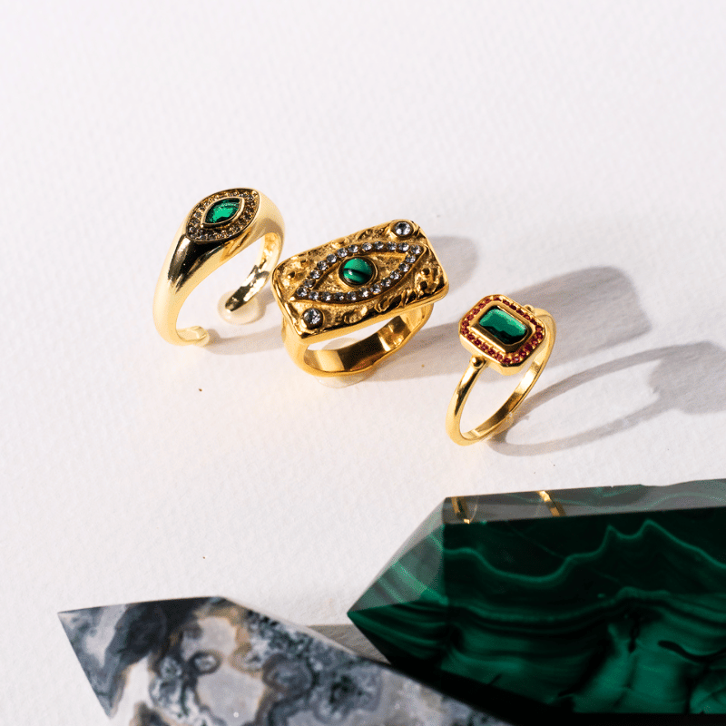 Hammered Gold Evil Eye Ring with Malachite – Waterproof & Tarnish-Free