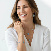 Gold round evil eye bracelet, earrings and necklace set with blue crystals — protection symbol jewelry