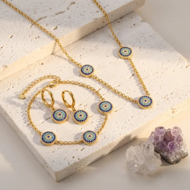 Gold round evil eye jewelry set with crystals — spiritual symbol jewelry for protection