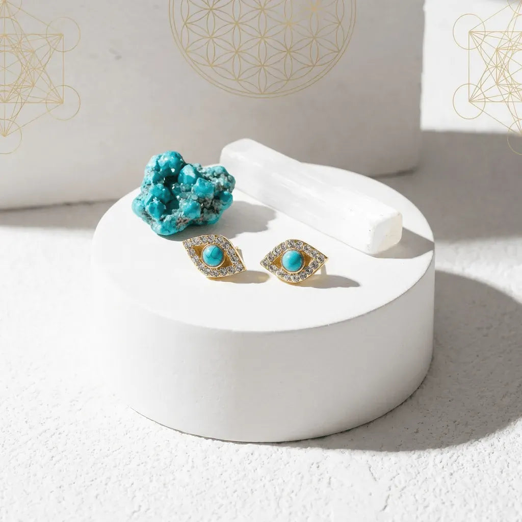 Turquoise stone and gold earrings on a white stand with a geometric design in the background