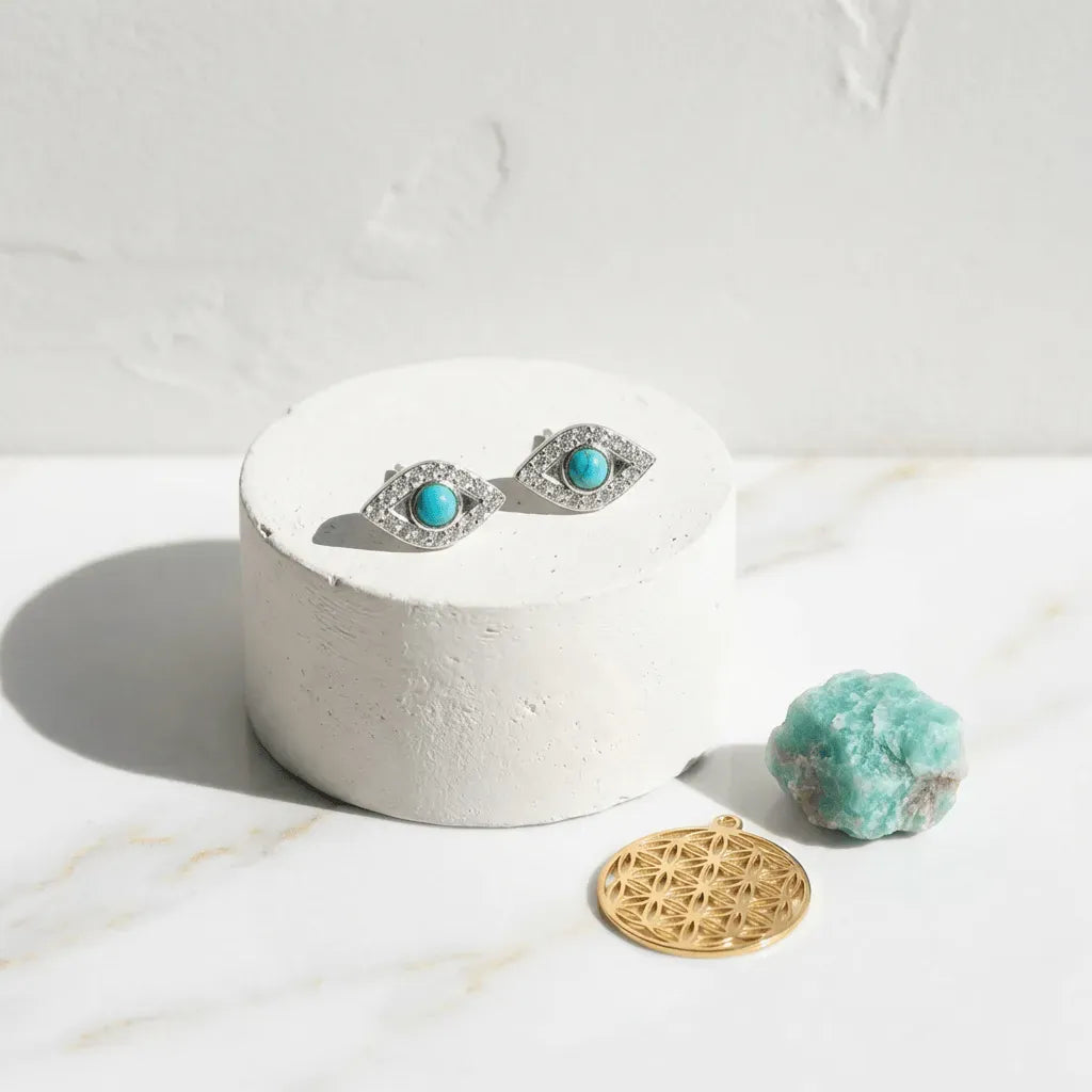 Turquoise stone earrings on a white jewelry box with a marble surface
