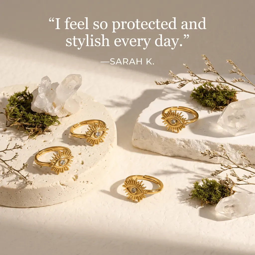 Gold rings on a natural stone surface with decorative elements and a quote by Sarah K.