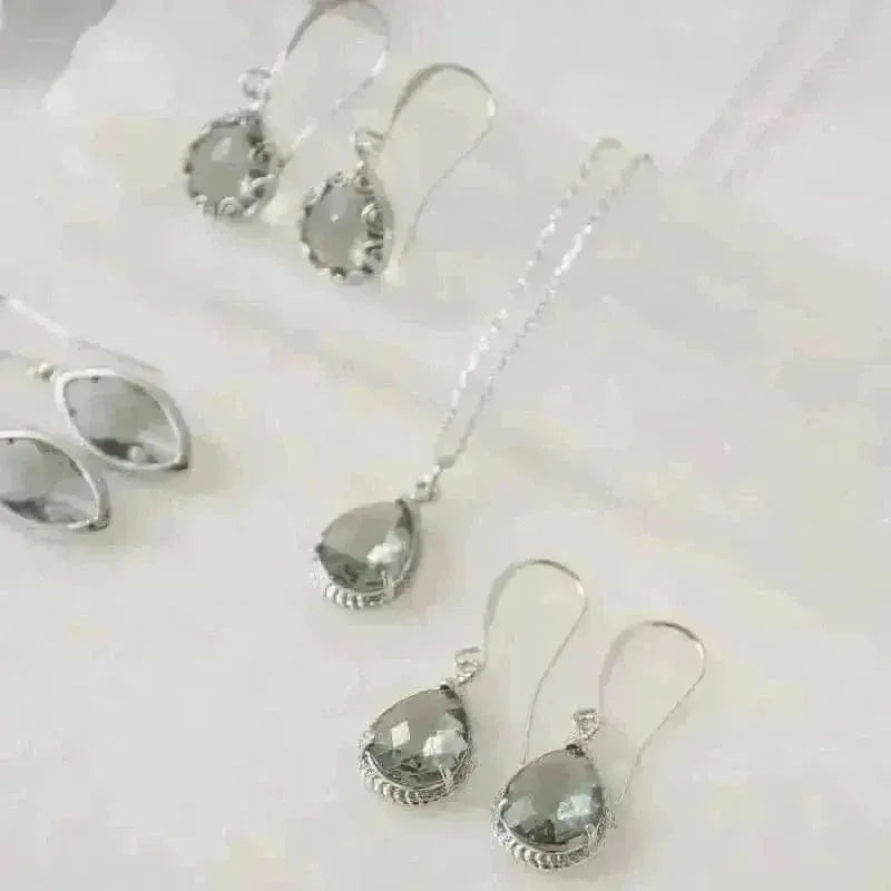 smoky grey fancy drop earrings in silver — clear glass dangle jewelry