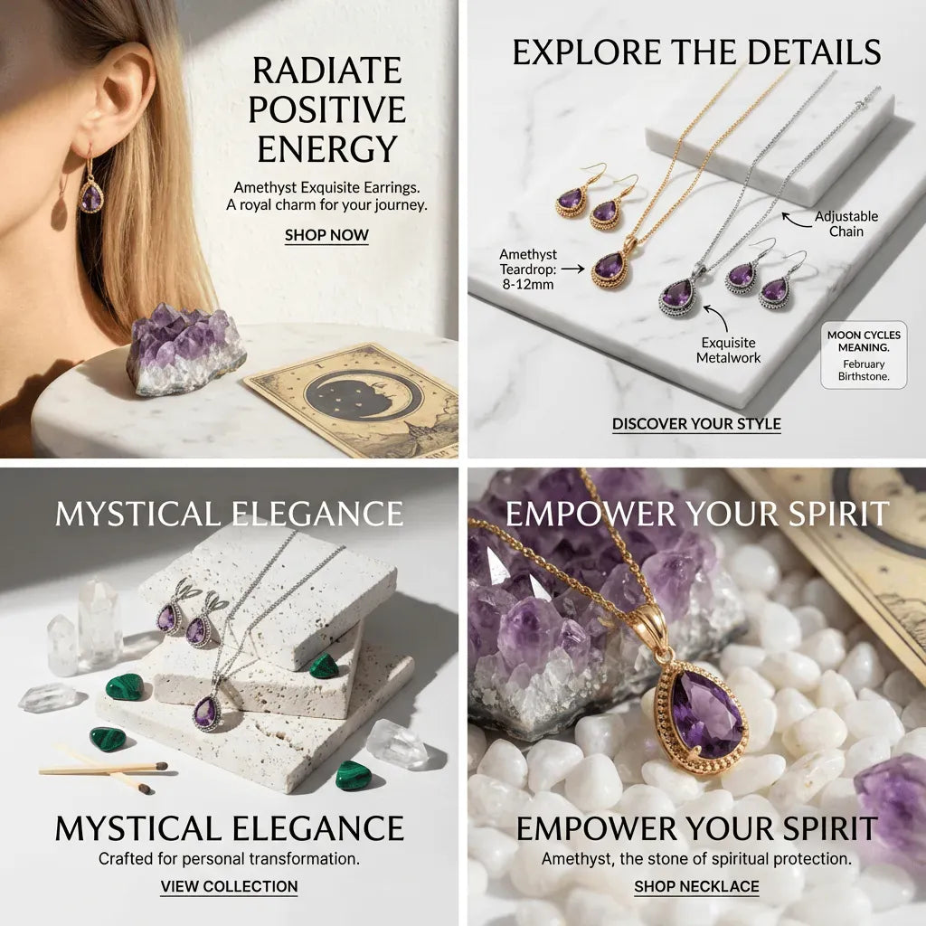 Amethyst jewelry set with promotional text on a white background
