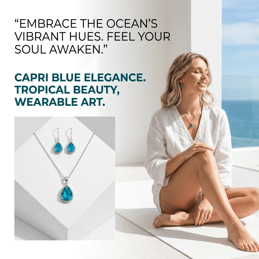 Woman sitting by a window with ocean view, wearing jewelry, with text about Capri Blue Elegance.