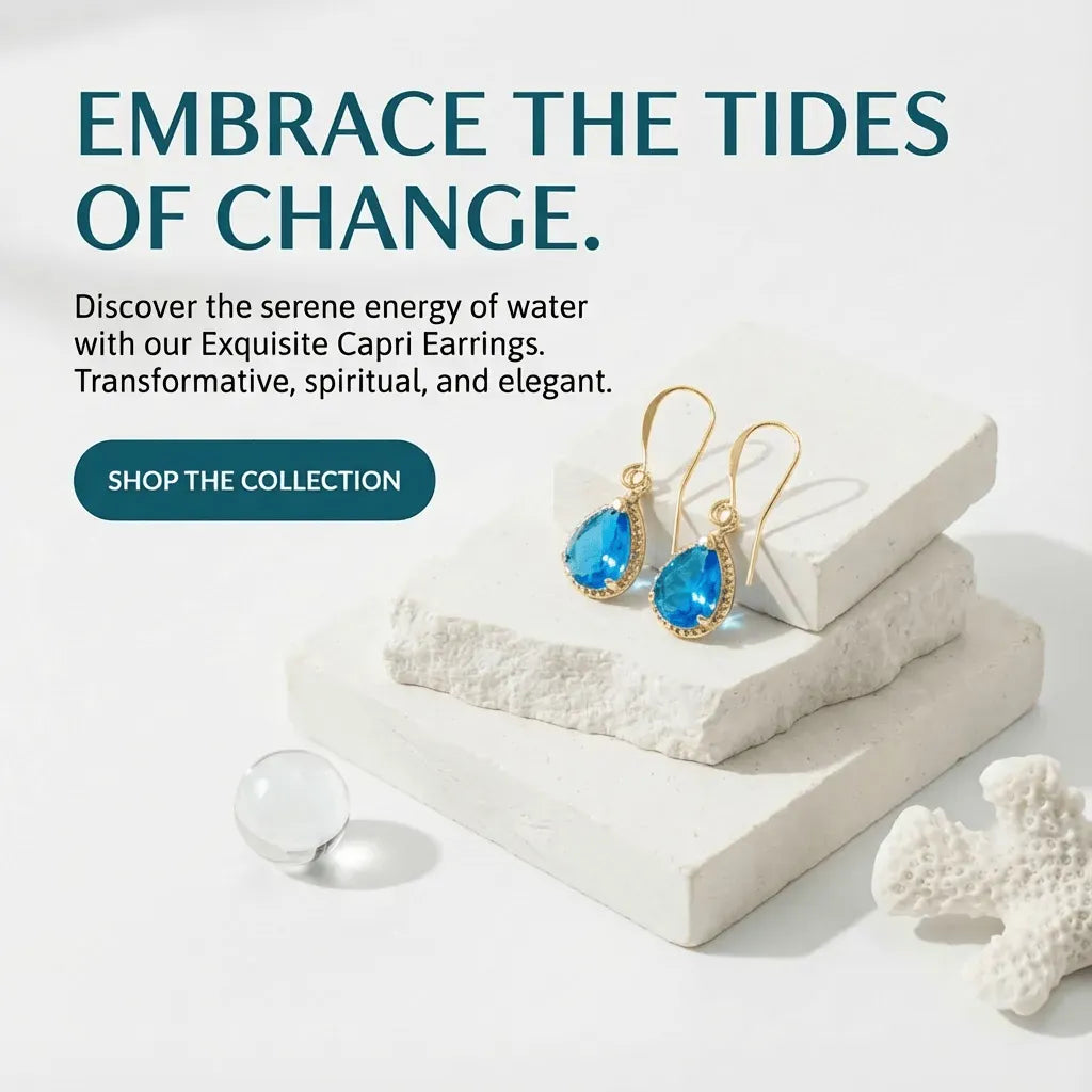 Exquisite Capri earrings with blue gemstones on a white surface, accompanied by text about embracing change and exploring the collection.