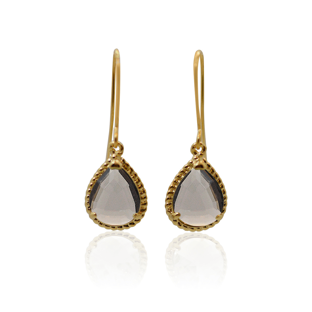 Gold earrings with teardrop-shaped gemstones on a white background