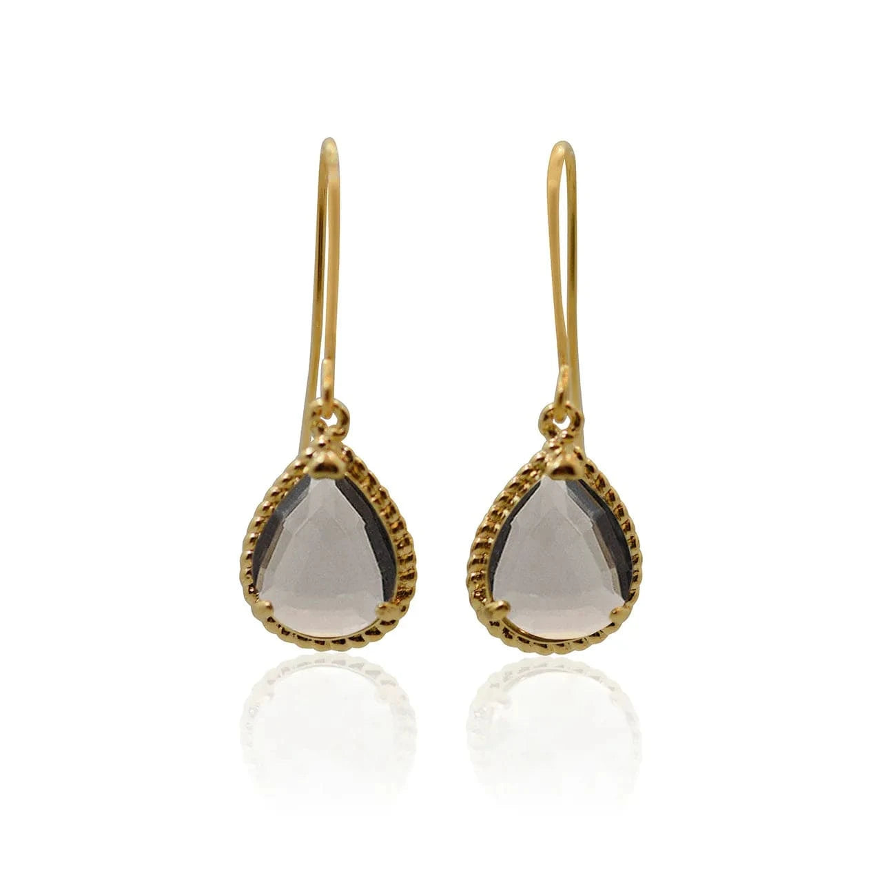 Gold earrings with teardrop-shaped gemstones on a white background