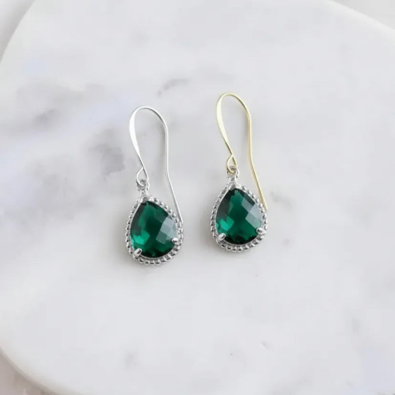Emerald green teardrop drop earrings in silver, May birthstone jewelry