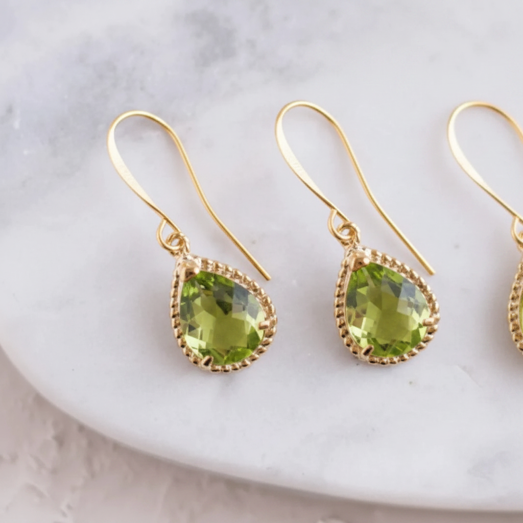 Peridot green exquisite teardrop earrings in gold, August birthstone jewelry
