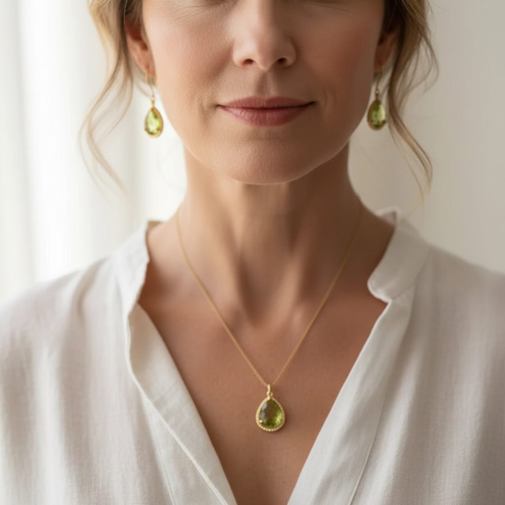 Woman wearing peridot green exquisite necklace and earrings, August birthstone jewelry