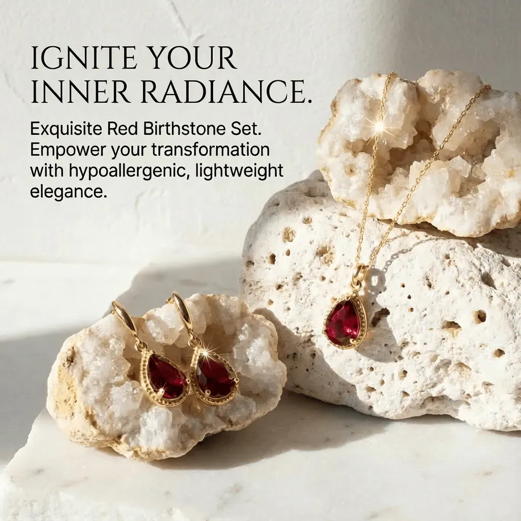 Red birthstone jewelry set with gold necklaces and earrings on a textured surface, featuring promotional text.