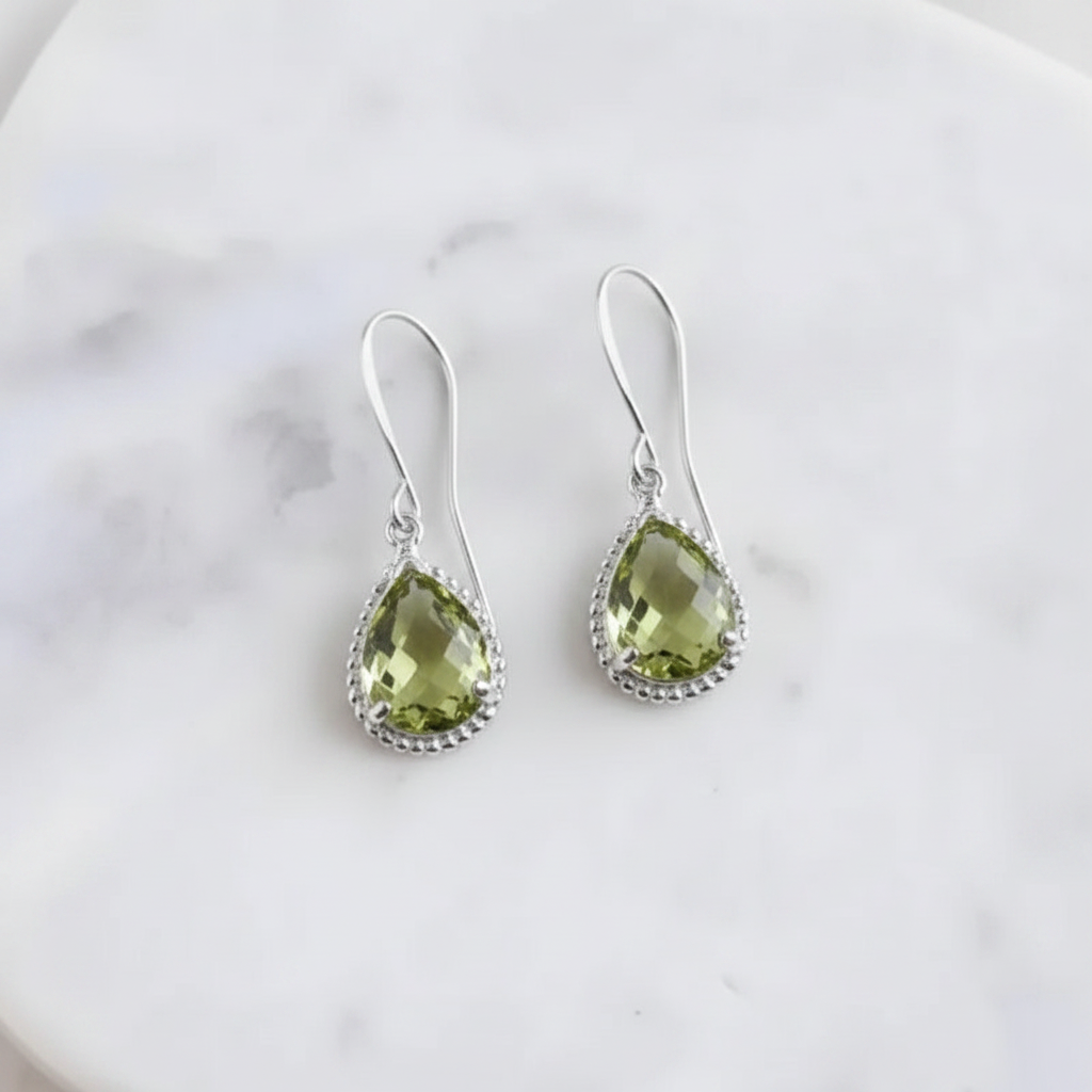 Peridot green exquisite teardrop earrings in silver, August birthstone jewelry