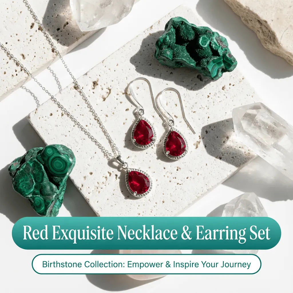 Red Exquisite Necklace & Earring Set with Birthstone Collection text on a textured surface with crystals.