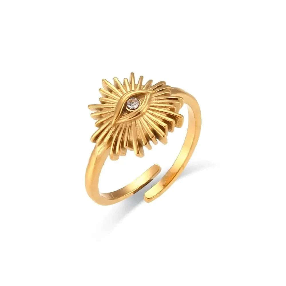 Gold ring with eye design on a white background