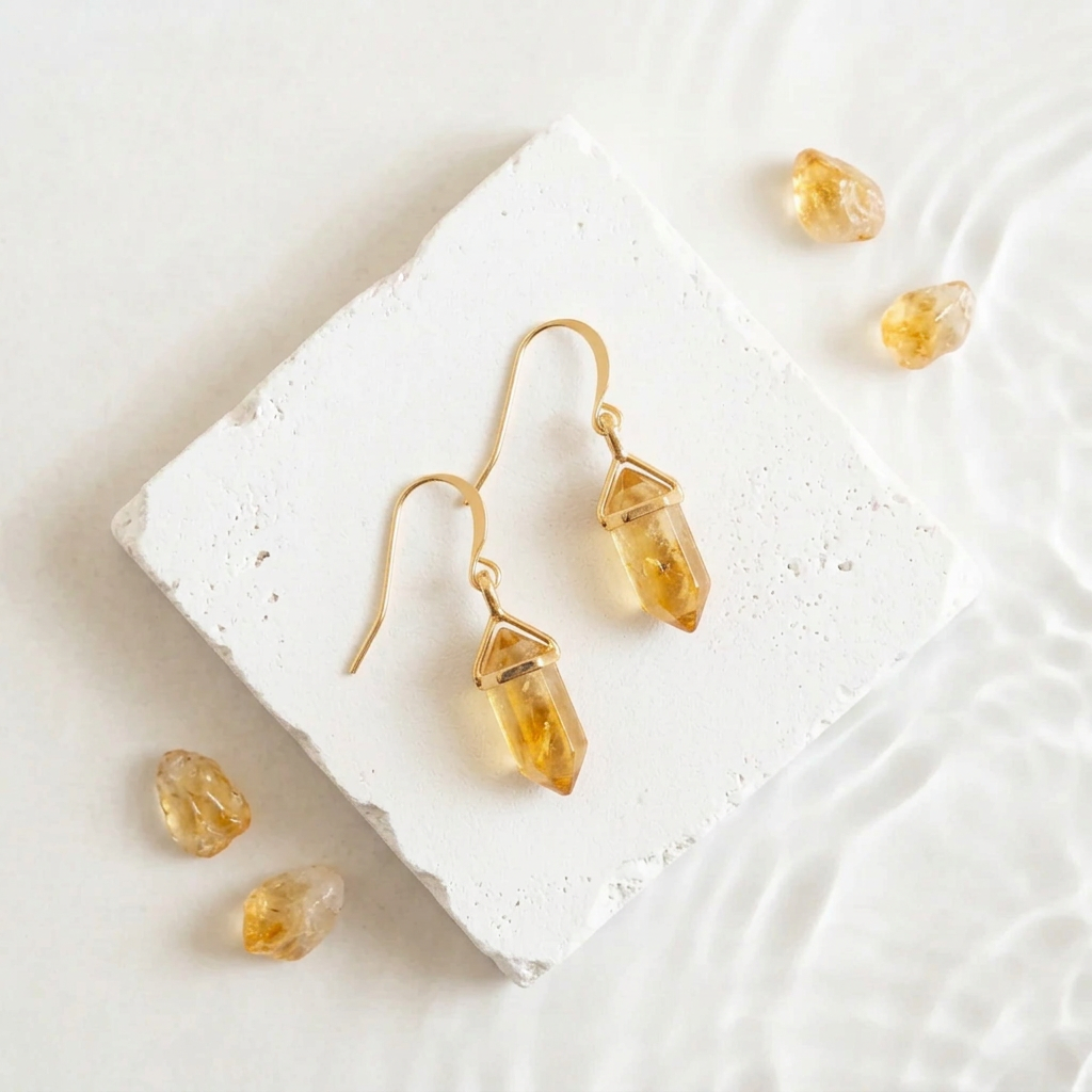Gold hexagon drop earrings in faux citrine yellow synthetic stone, November birthstone colour