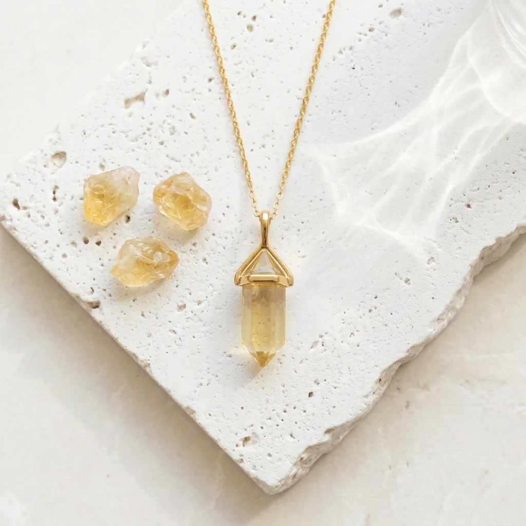 Gold hexagon pendant necklace in faux citrine yellow synthetic stone, November birthstone colour