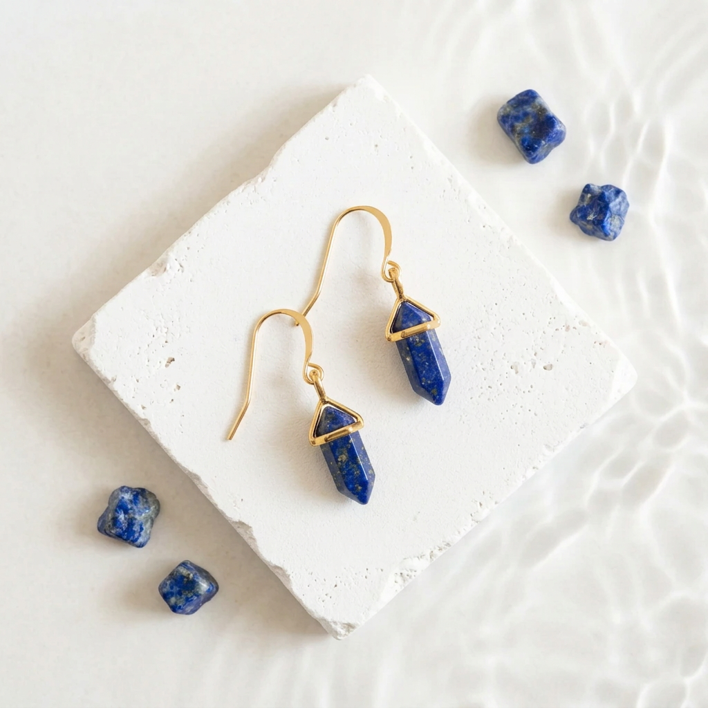 Gold hexagon drop earrings in faux lapis blue synthetic stone