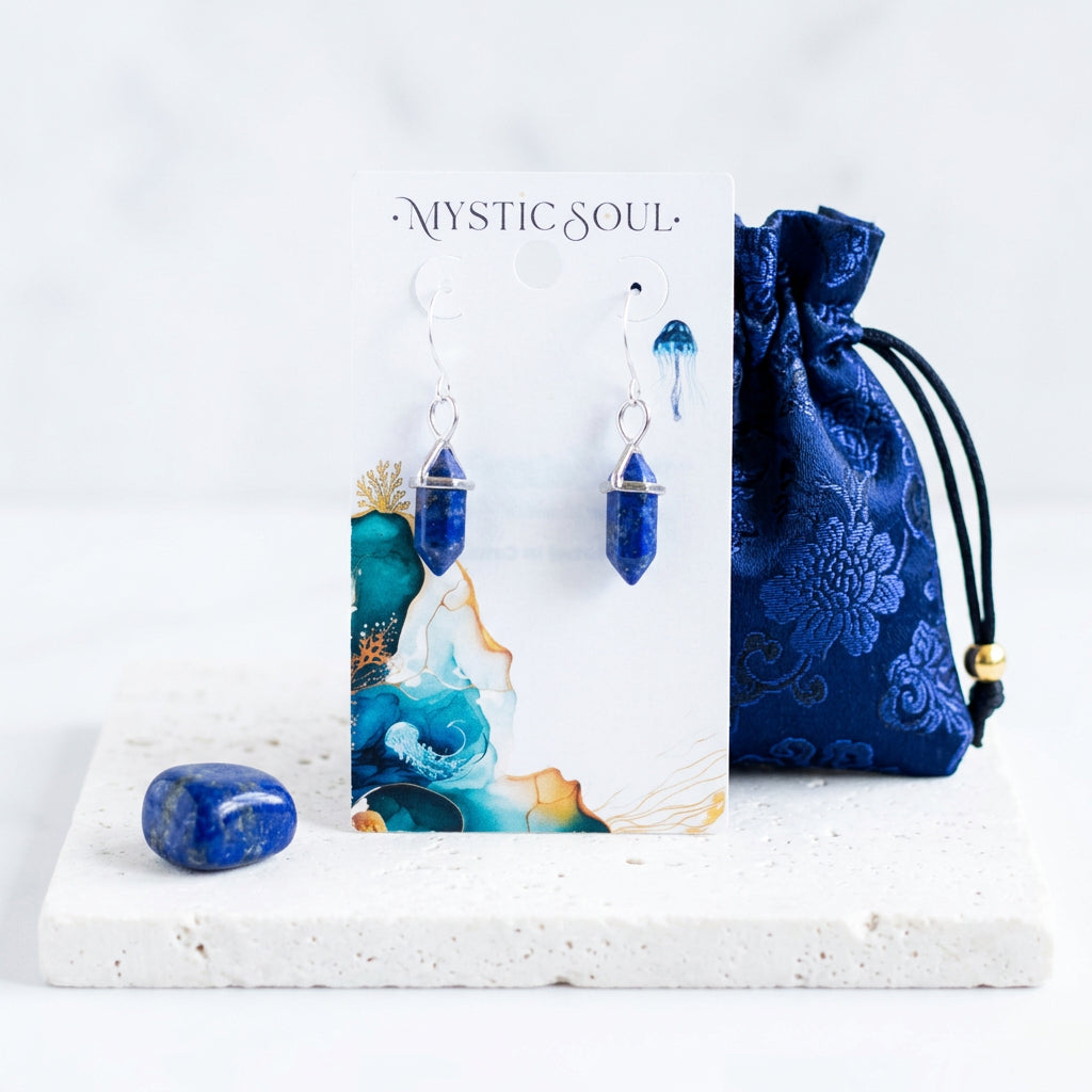 Silver faux lapis hexagon drop earrings with Mystic Soul gift tag and satin pouch