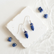 Silver hexagon drop earrings in faux lapis blue synthetic stone, geometric everyday earrings