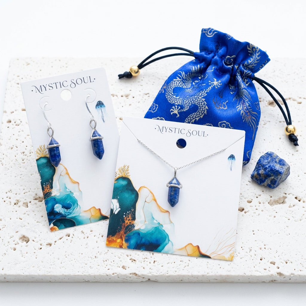 Faux lapis blue hexagon necklace and matching drop earrings in silver with gift tag and satin pouch