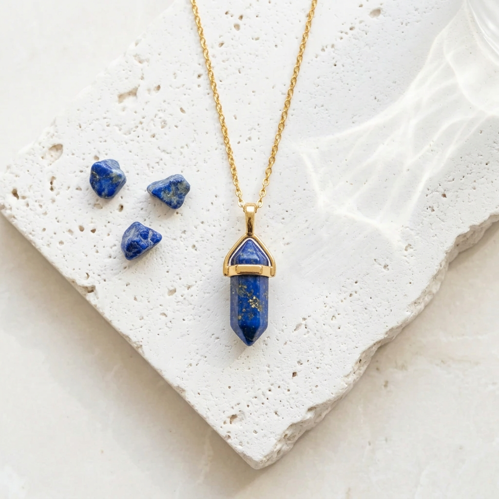 Gold hexagon pendant necklace in faux lapis blue synthetic stone