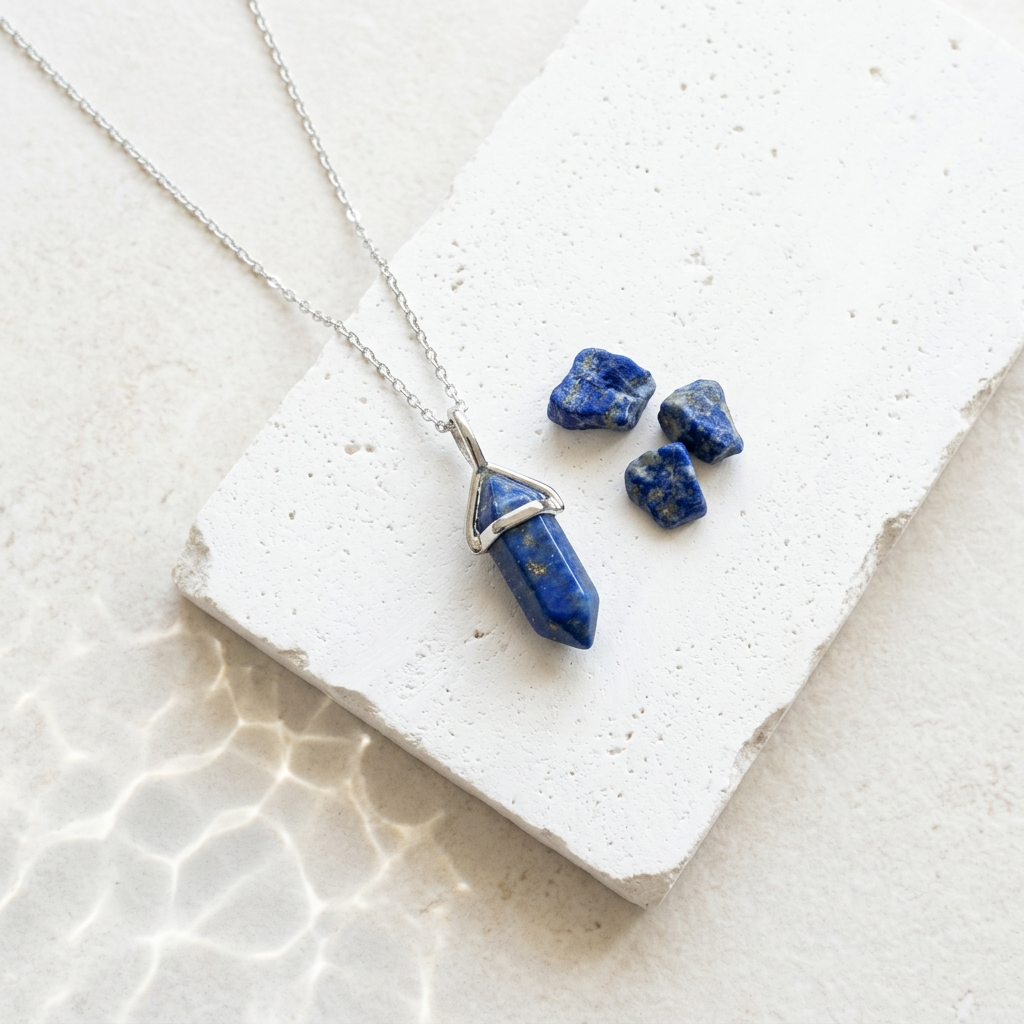 Faux lapis blue hexagon pendant necklace in silver, side view