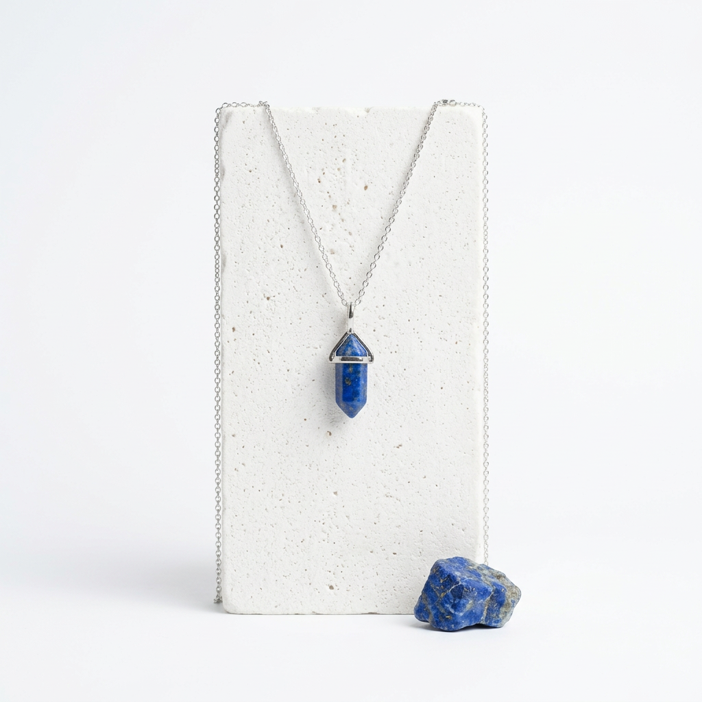 Silver faux lapis hexagon pendant necklace displayed on a raised stone block