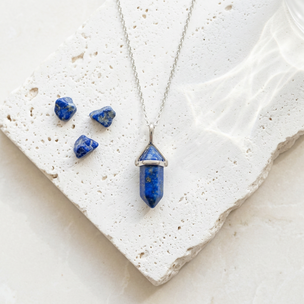 Silver hexagon pendant necklace in faux lapis blue synthetic stone, geometric everyday jewellery