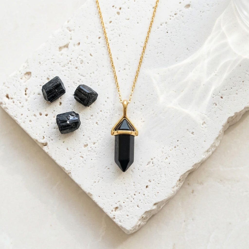 Gold hexagon pendant necklace in faux onyx black synthetic stone