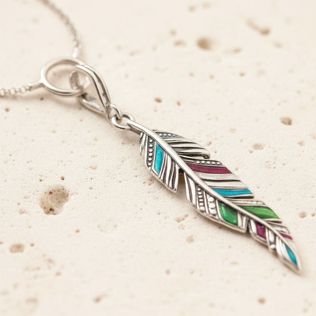 Feather necklace in sterling silver with colour detail, worn length — air element jewellery for lightness