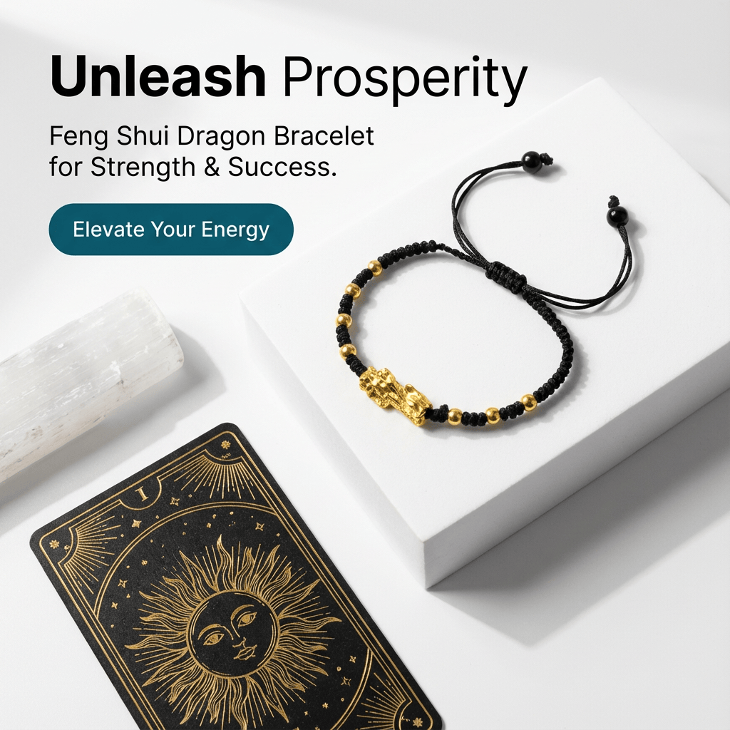 Feng Shui Dragon Bracelet with black and gold beads on a white surface, accompanied by a tarot card featuring a sun design.