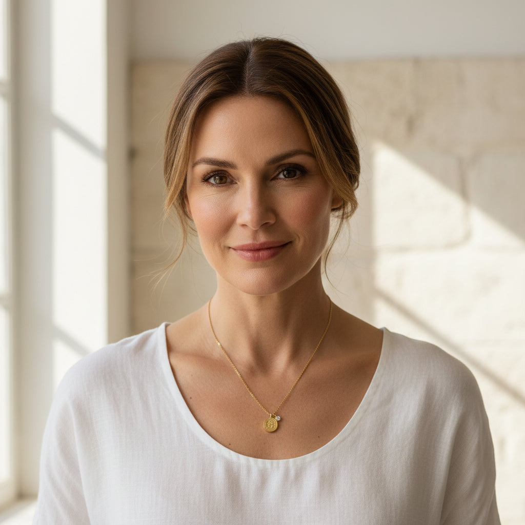 Close-up of the gold floral medallion pendant with its mini cubic zirconia centre