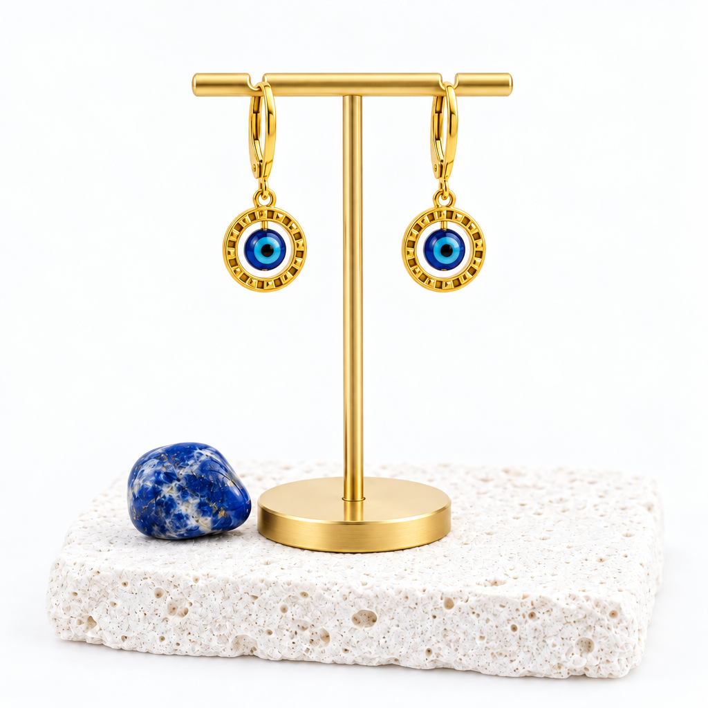 Blue evil eye earrings shown with their jewelry card, protection symbol jewelry