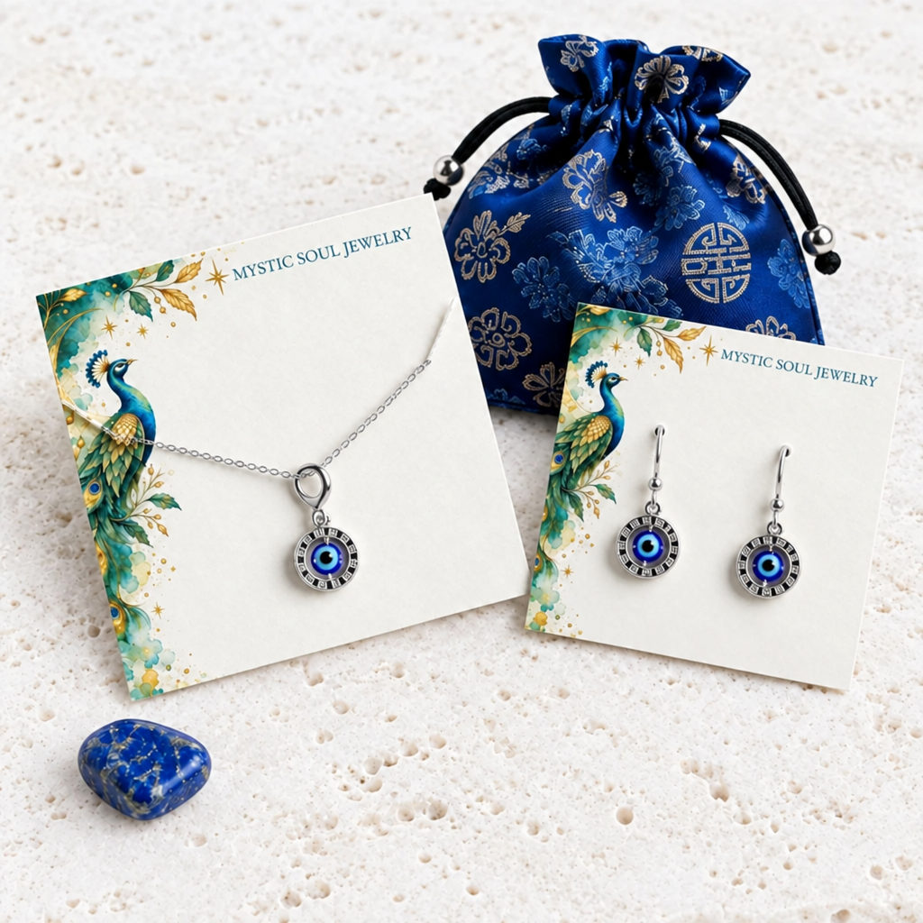 Sterling silver floating evil eye necklace and leverback earrings set with gift packaging