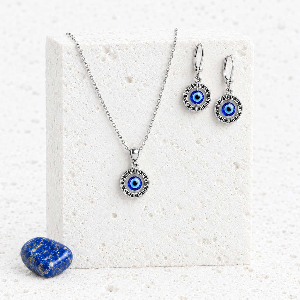 Floating evil eye necklace and leverback earrings set in sterling silver