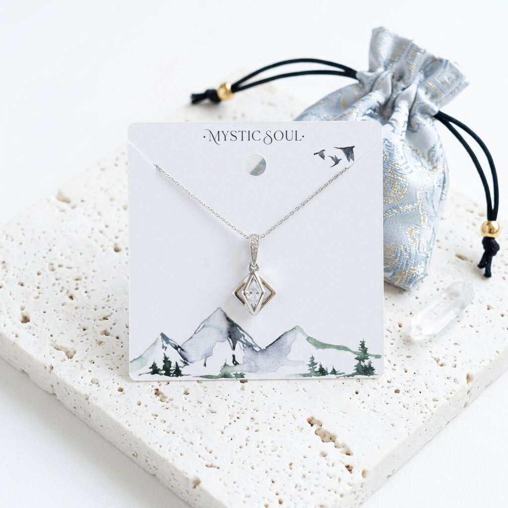 Silver Floating Prism pendant necklace with clear faceted glass bead, shown with its Mystic Soul gift tag